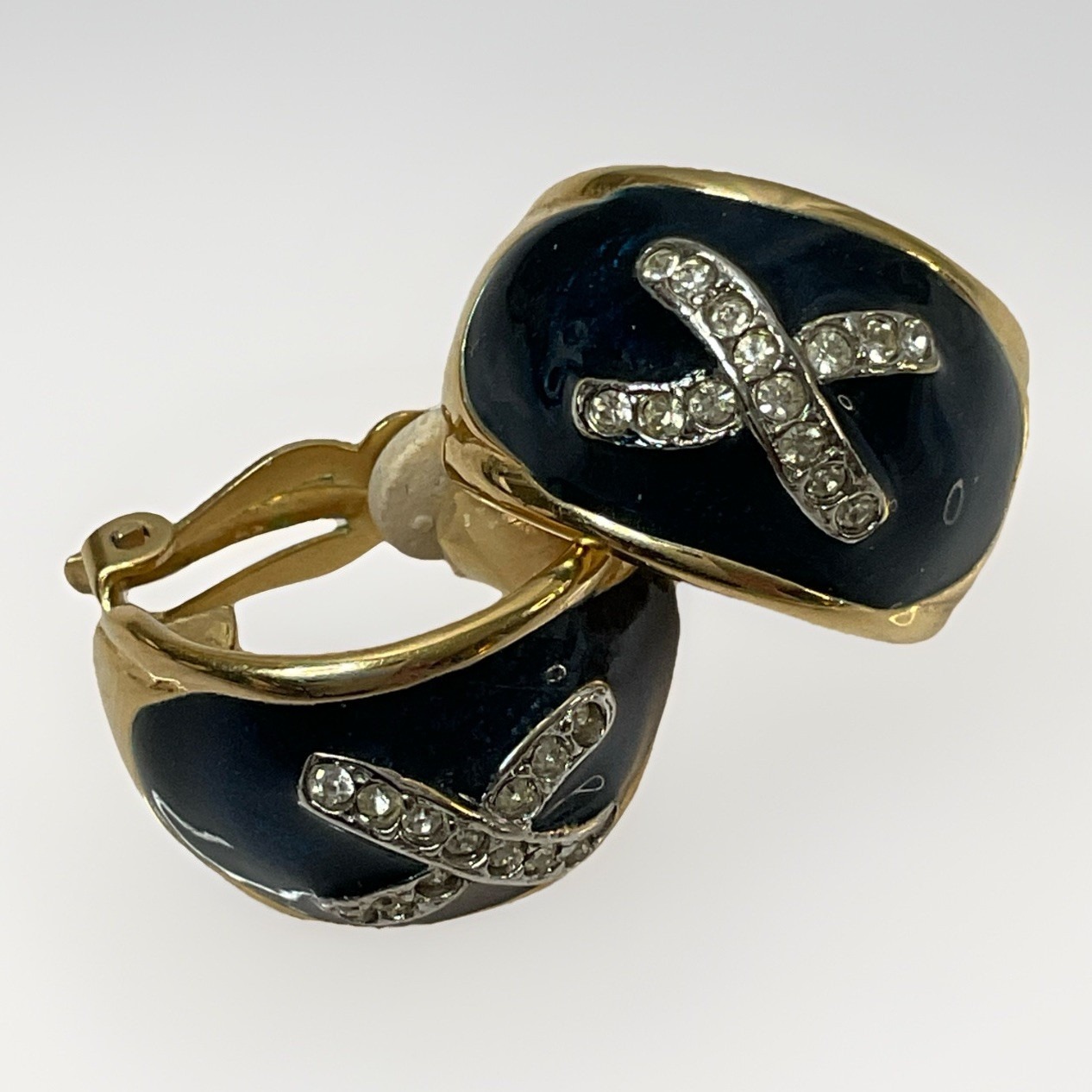 Vintage Ivana Trump Earrings Clip On Royal Blue Enamel & Clear Rhinestones 1